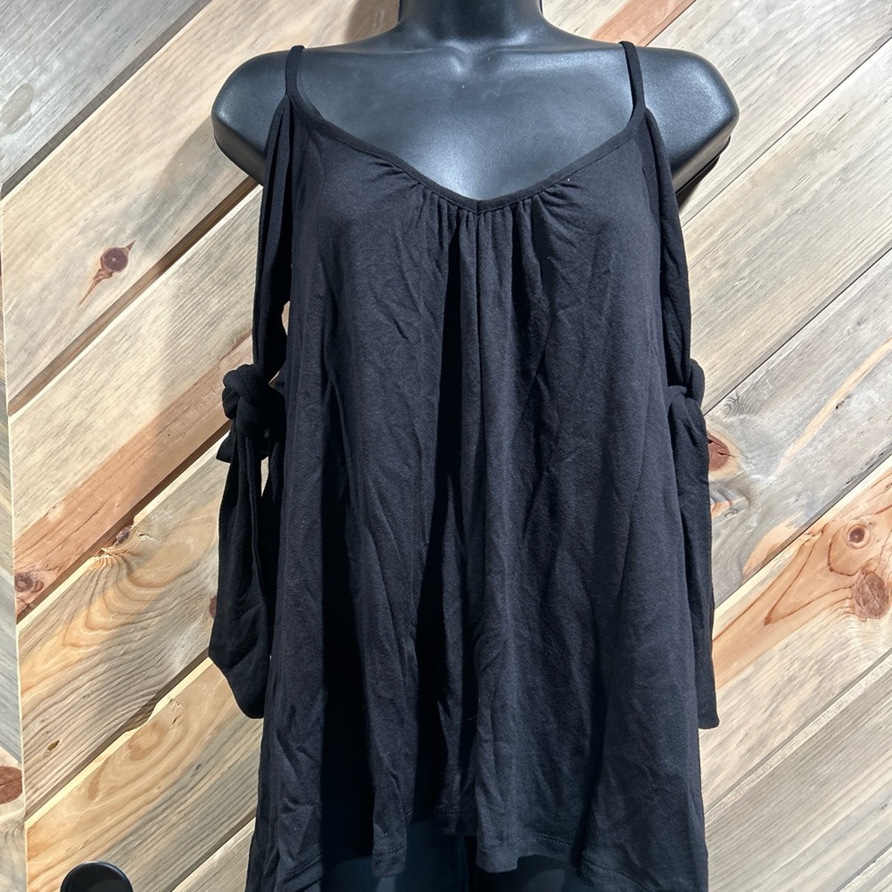 We The Free Black Double V Neck Strap Ribbon Tie Sleeve Flowy Boutique T-shirt